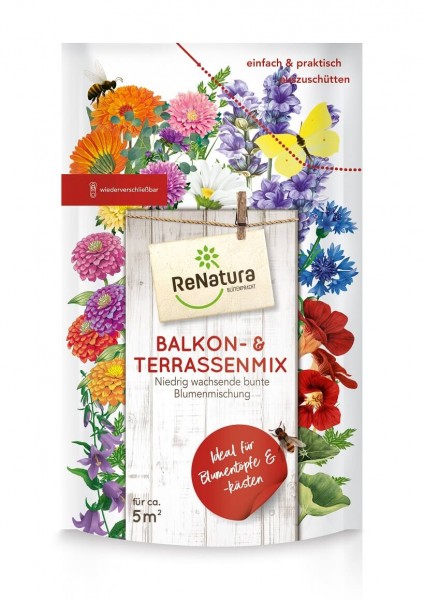 Produktbild von ReNatura Balkon und Terrassenmix niedrig wachsende bunte Blumenmischung Verpackung mit farbenfrohen Blumen und Hinweisen zur einfachen Anwendung ideal für Blumentöpfe und Kästen.