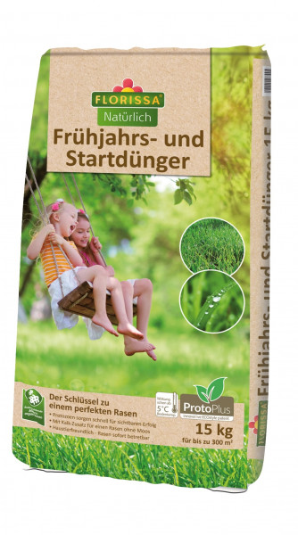 Produktbild von Florissa Frühjahrs- und Startdünger Proto+ Verpackung mit Abbildung von spielenden Kindern auf einer Schaukel und Nahaufnahmen von Gras sowie Produktinformationen auf Deutsch.