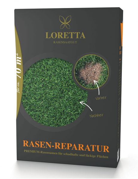 Produktbild von Loretta Rasen-Reparatur Premiumnachsaat mit Mantelsaat mit Verpackungsdesign in Grün und Schwarz, Vorher-Nachher-Vergleich von Rasenflächen und Produktinformationen auf Deutsch.