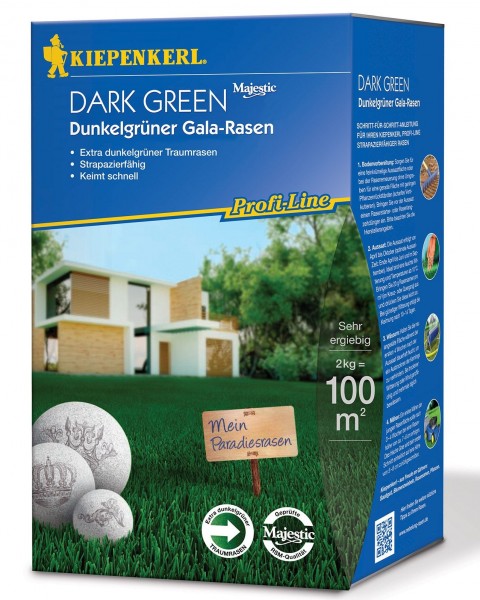 Produktbild von Kiepenkerl Profi Line Dark Green dunkelgrüner Gala-Rasen mit Verpackungsinformationen und Bild eines grünen Rasens mit Deko-Eiern und Schild.
