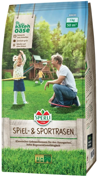 Produktbild von Sperli Spiel- und Sportrasen RSM 2.3 Verpackung mit Abbildung von spielenden Personen auf Rasen und Produktinformationen