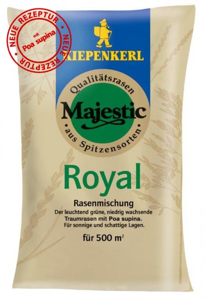 Produktbild von Majestic Royal Premium-Schattenrasen mit Poa supina Rasenmischung für 500 Quadratmeter in einer Verpackung mit Hinweis auf neue Rezeptur und Qualitätsmerkmalen.