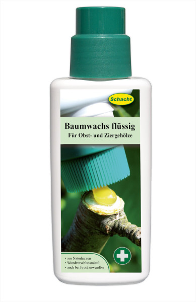 Produktbild von Schacht Baumwachs flüssig 250g in einer Pinselflasche mit Anwendungsbild und Hinweisen wie aus Naturharzen und auch bei Frost anwendbar.