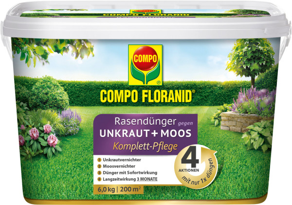 Produktbild von Compo Floranid Rasendünger gegen Unkraut und Moos mit Hinweisen zu vier Aktionsweisen und Packungsinformationen für eine Rasenfläche von bis zu 200 Quadratmetern.