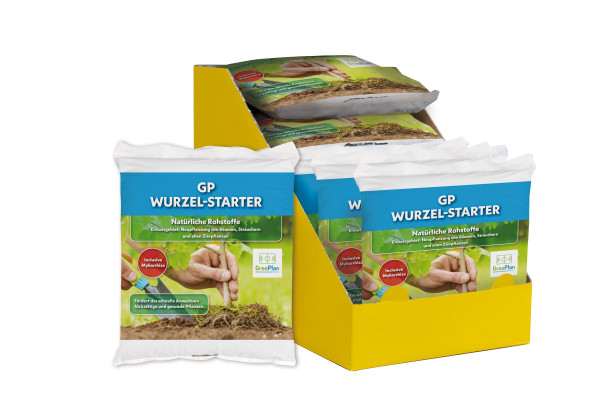 Produktbild von GP Wurzel-Starter 6+4+5 Düngemittel mit Mykorrhiza in zwei Verpackungsgrößen in einem gelben Verkaufsdisplay