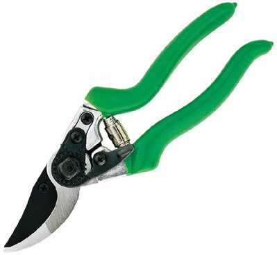 Produktbild einer Freund Victoria Gartenschere Modell 2950 mit gruenen Griffen und geoeffneter Klinge.