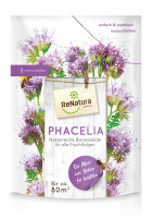 Produktbild der ReNatura Phacelia Mantelsaat Verpackung mit Abbildungen von Blüten und einer Biene sowie Informationen zur Bienenweide und der...