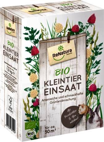 Produktbild von ReNatura Kleintiereinsaat Bio Verpackung mit Hinweisen zur artenreichen und schmackhaften Grünlandmischung für Kleintiere auf Deutsch.