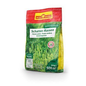 Produktbild von Wolf-Garten SCR 500 Schattenrasen-Rasensaat 10kg für 500qm mit Markenzeichen und Produktinformationen auf der Verpackung.