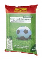 Produktbild von Wolf-Garten LG 250 Sport- und Spielrasen Rasensamen in einer grün-roten Verpackung mit Abbildung eines Fußballs auf Rasen und Informationen...