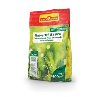 Produktbild von Wolf-Garten U-RS 500 Universalrasen Rasensaat Verpackung für 500 Quadratmeter mit Produktinformationen in deutscher Sprache.