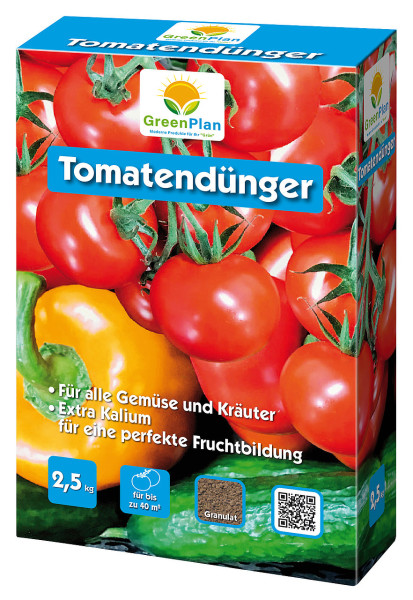Produktbild von GreenPlan Tomatendünger in einer 2,5 kg Packung mit Abbildungen von Tomaten und Paprika sowie Informationen zu Anwendung und Inhalt.