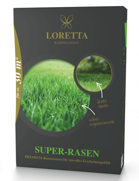 Produktbild von Loretta Super-Rasen Premiumrasensaat Verpackung mit Informationen zu Rasendichte und Selbstregenerierungsfähigkeit in deutscher Sprache.