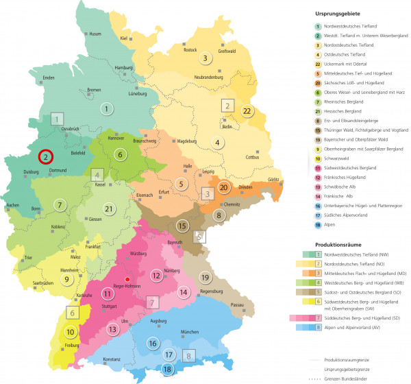 Produktbild einer farbigen Karte von Deutschland zur Darstellung verschiedener Ursprungsgebiete und Produktionsräume für Rieger-Hofmann Blumenwiese mit Beschriftungen und Legenden in deutscher Sprache.