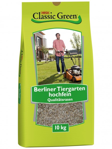 Produktbild von Classic Green Rasen Berliner Tiergarten hochfein in einer 10 kg Packung mit Rasenboden und einem lächelnden Mann, der einen Rasenmäher schiebt