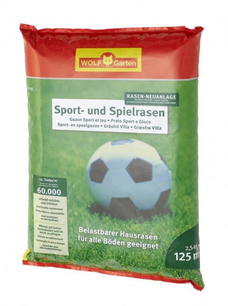 Produktbild von Wolf-Garten LG 125 Sport- und Spielrasen Verpackung mit Rasensamen für 125 Quadratmeter Rasenfläche und Informationen zur schnellen Nutzbarkeit und Strapazierfähigkeit