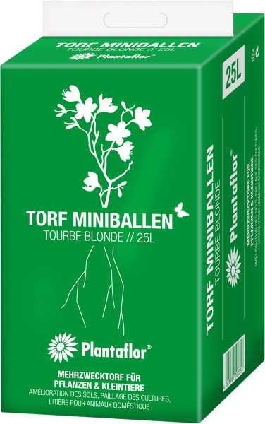 Produktbild von Plantaflor Torf Miniballen in einer grünen 25-Liter-Verpackung mit weißen Blumenillustrationen und Produktinformationen in deutscher und französischer Sprache.