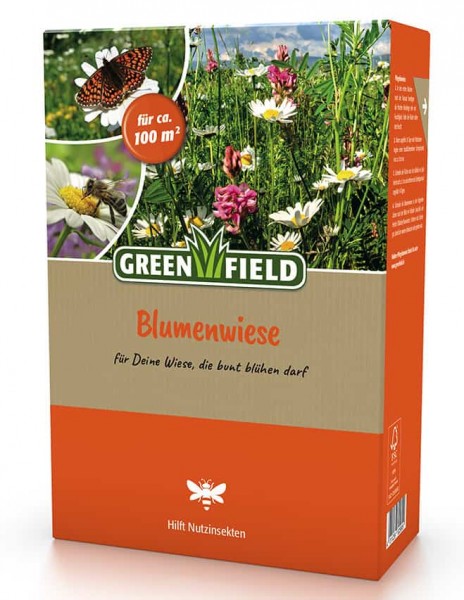 Produktbild von Greenfield Blumenwiese Samenpackung mit Abbildung einer bunten Wiese und Insekten sowie Informationen über die Flächendeckung und Nutzen für Insekten in deutscher Sprache.