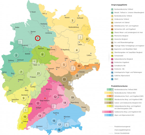 Produktbild von Rieger-Hofmann Ufermischung zeigt eine bunte Deutschlandkarte mit verschiedenen Saatgutmischungs-Regionen und dazugehörige Legenden zu Ursprungsgebieten und Produktionsräumen.