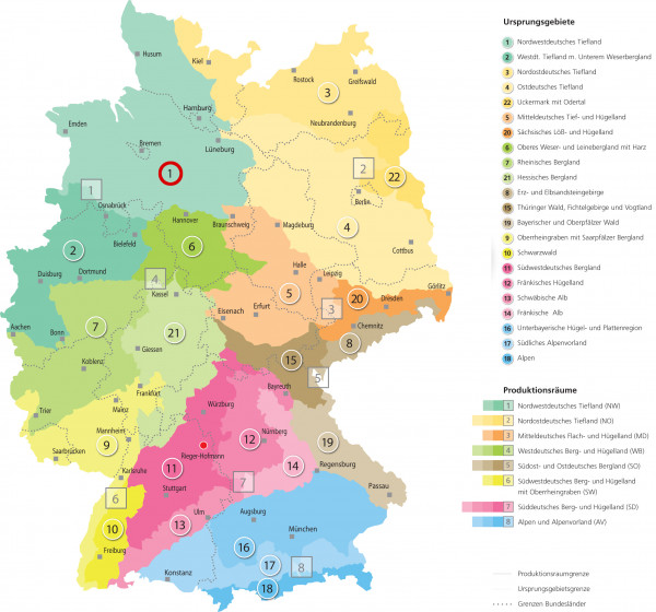 Farbkodierte Deutschlandkarte mit Ursprungsgebieten und Produktionsräumen für Rieger-Hofmann Schmetterlings- und Wildbienensaum mit Legende und Nummernzuordnung.