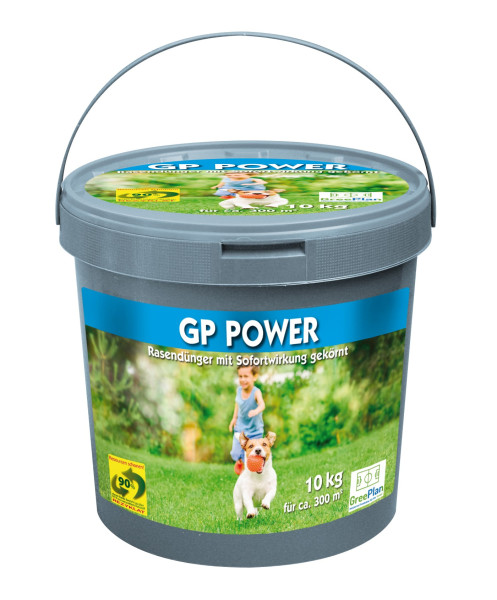 Produktbild von GP Power Rasendünger in einem 10 kg Eimer mit Abbildungen von einem Hund und Kind auf einer Wiese und Produktinformationen in deutscher Sprache.