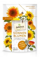 Produktbild von ReNatura Sonnenblumen Landsoaten Verpackung mit Abbildungen von Sonnenblumen, einer Hummel und textlichen Hinweisen auf einfaches...