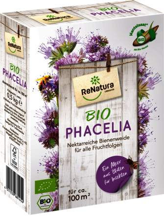 Produktbild von ReNatura Phacelia Mantelsaat Bio Verpackung mit Produktinformationen und biologischen Siegeln in deutscher Sprache.