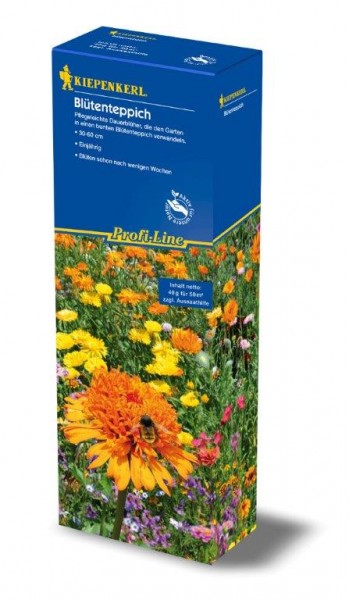 Produktbild der Kiepenkerl Profi-Line Blumenmischung Blütenteppich Verpackung mit Abbildung eines blühenden Gartens und Angaben zu Inhalt und Produktlinie auf Deutsch.