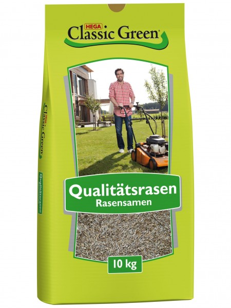 Produktbild einer Packung HEGA Classic Green Rasensamen mit der Bezeichnung Qualitaetsrasen und einem Gewicht von 10 kg, im Hintergrund ist eine Person mit einem Rasenmaeher auf einem gepflegten Rasen zu sehen.