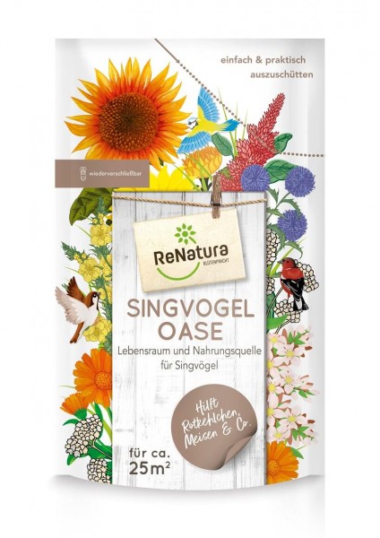 Produktbild von ReNatura Singvogeloase Verpackung mit bunten Blumen und Singvoegeln, Informationen zu Lebensraum und Nahrungsquelle fuer Singvoegel sowie Angaben zur Auswirkung und Flaeche in deutscher Sprache.