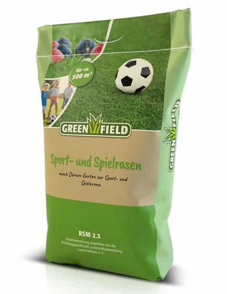 Produktbild von Greenfield Sport und Spielrasen RSM 2.3 Rasensaatgutverpackung mit Informationen zur Flächendeckung und Hinweis auf empfohlene Zusammensetzung von der Forschungsgesellschaft Landschaftsentwicklung Landschaftsbau e.V.