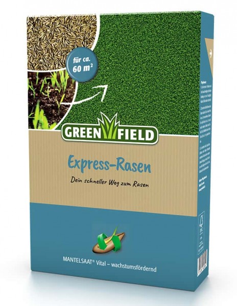 Produktbild von Greenfield Expressrasen Mantelsaat Vital Verpackung mit Angabe der Reichtweite für circa 60 Quadratmeter und Informationen zu schnellem Rasenwachstum auf Deutsch.