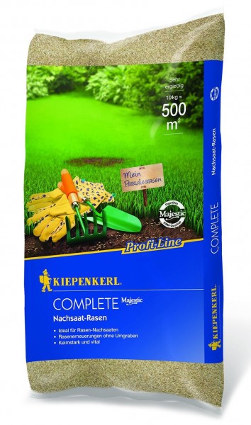 Produktbild von Kiepenkerl Profi Line Complete Nachsaat-Rasensamen mit Grafiken von Gartenwerkzeugen, Rasenfläche und Produktinformationen auf Deutsch.