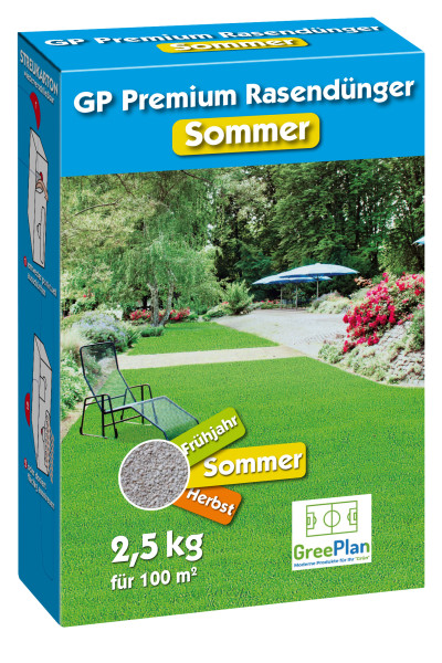 Produktbild von GP Premium Sommer-Rasendünger Verpackung mit Angaben 2, 5, kg für 100 m² und Hinweisen zur Anwendungszeit im Frühjahr Sommer Herbst, zusätzlich das GreePlan Logo.