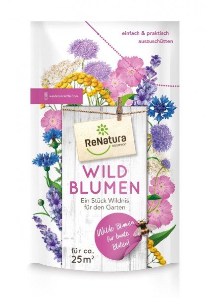 Produktbild von ReNatura Wildblumen mit Abbildungen verschiedener Blumen und Informationen zum Produkt für eine Aussaatfläche von circa 25 Quadratmetern.