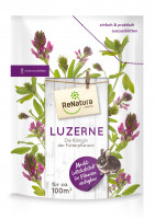 Produktbild von ReNatura Luzerne mit Darstellung der Pflanze, Produktinformationen und einem Kaninchen, verpackt als Saatguttüte.