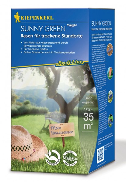 Produktbild von Kiepenkerl Profi Line Sunny Green Rasensamen für trockene Standorte mit Angaben zu Eigenschaften und Anwendungshinweisen.