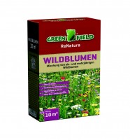 Produktbild von Greenfield ReNatura Wildblumen Samenmischung Verpackung mit farbenfroher Blumenabbildung und Hinweisen zur Aussaat für bis zu 10 Quadratmeter...