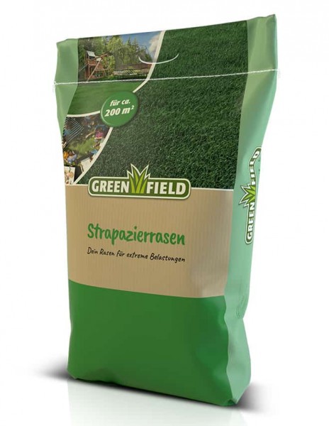 Produktbild von Greenfield Strapazierrasen Rasensamen Verpackung mit der Aussage fuer ca 200 Quadratmeter und dem Hinweis Dein Rasen fuer extreme Belastungen in deutscher Sprache.