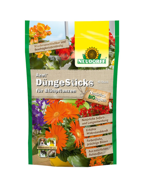 Produktbild von Neudorff Azet DuengeSticks fuer Bluehpflanzen Verpackung mit 40 Stueck und Informationen zu natuerlicher Langzeitwirkung und Widerstandskraft der Pflanzen.