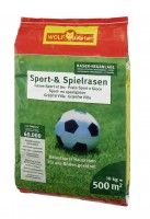 Produktbild von Wolf-Garten LG 500 Sport-und Spielrasen 10 kg Rasensamen fuer 500qm Verpackung mit Rasenbild und Fussball.