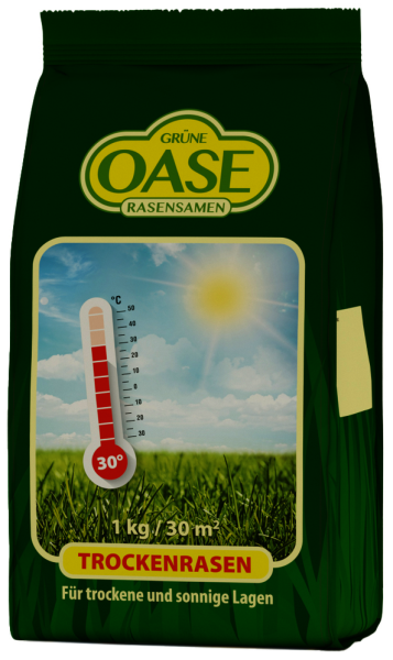 Produktbild von GRÜNE OASE Trockenrasen Rasensamen Verpackung mit Temperaturanzeige und Angaben zur Flächenabdeckung geeignet für trockene und sonnige Standorte.