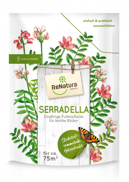 Produktbild von ReNatura Serradella Verpackung mit Darstellung der blühenden Pflanze und Informationen zur Stickstoffsammlung und Eignung für leichte Böden.