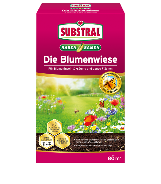 Produktbild von Substral Die Blumenwiese Verpackung mit Hinweisen für Blumeninseln und ganze Flächen sowie Informationen zur Artenvielfalt und Insektenförderung auf Deutsch.