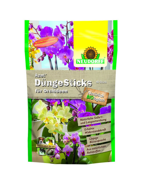 Produktbild von Neudorff Azet DüngeSticks für Orchideen mit 40 Sticks und Informationen über natürliche Inhaltsstoffe sowie verschiedenen Orchideenblüten im Hintergrund.