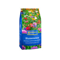Produktbild von Kiepenkerl Blumenwiese Samen in einer Verpackung mit Abbildung einer Hand die Samen aussät und einer blühenden Wiese im Hintergrund.