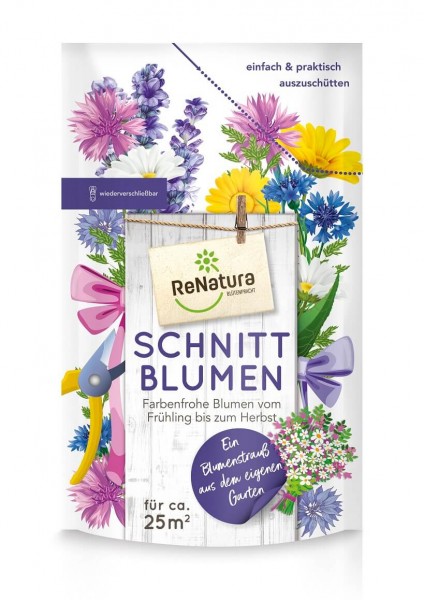 Produktbild von ReNatura Schnittblumen Verpackung mit farbenfrohen Blumendarstellungen und Informationen zu Aussaat und Blütezeit in deutscher Sprache.