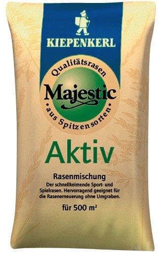 Produktbild von Majestic Aktiv Rasen Premium-Strapazierrasen Rasenmischung Verpackung mit Markenzeichen und Informationen zum Fassungsvermoegen und Verwendungszweck in deutscher Sprache.