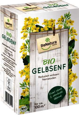 Produktbild von ReNatura Gelbsenf Bio mit Darstellung der Verpackung, Produktbezeichnung, Hinweis auf Nematodenreduzierung und Angaben zur Flächenabdeckung auf Deutsch.