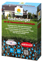 Produktbild von GreenPlan Rasendünger Verpackung mit 3D Wasserspeicher-Technologie und Informationen zu bedarfsgerechter Nährstoffformulierung sowie Schutz...